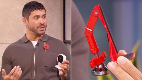 Rav Wilding holds a camera in his hand and a close-up of a red security door-stop