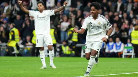 Endrick of Real Madrid celebrates scoring his team's fifth goal in the Copa Del Rey.