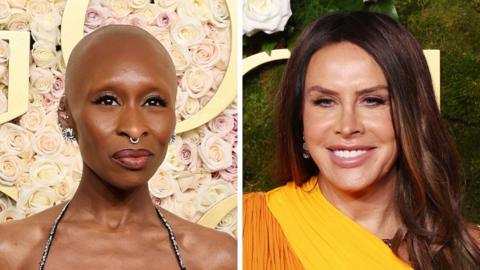 Cynthia Erivo and Karla Sofia Gascon head shots smiling with roses and greenery in the background