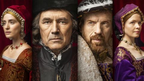 A split image of four head and shoulders of the characters of Wolf Hall wearing historical clothing from the 15th century.