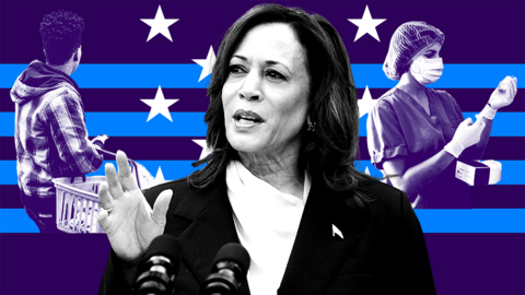 Stylised image of Kamala Harris in black and white on a blue striped and white starry background