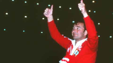 Forest manager Brian Clough celebrates guiding his side to victory in the European Cup final in Madrid in 1980