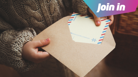 a child in a grey jumper holding a letter with a join in graphic in the top right hand corner.