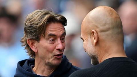 Manchester City boss Pep Guardiola greets Brentford counterpart Thomas Frank before his side's 2-1 win at Etihad Stadium