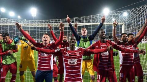 Brest players celebrate winning their first ever Champions League match