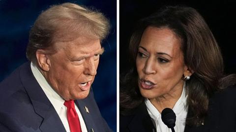 Composite image shows headshots of Trump and Harris speaking during the debate