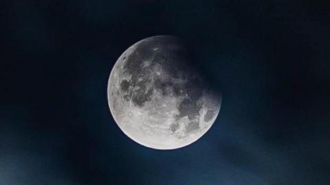 A clear picture of the white and cratered moon in a dark blue night sky.