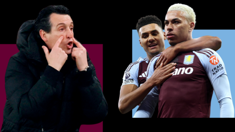 Aston Villa boss Unai Emery, plus striker Ollie Watkins and forward Morgan Rogers