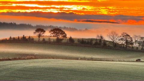 Farmland at sunset. The sunset is orange and red in colour. There is farmland and trees and a mist drifts across the landscape.