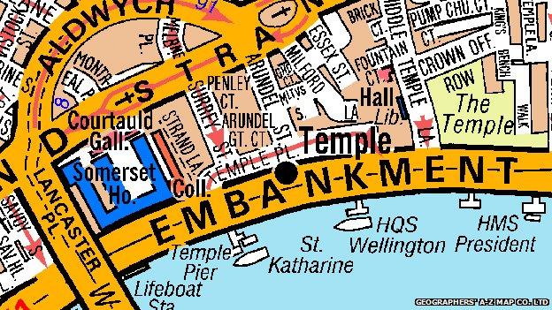 London A-Z extract showing streets around Embankment. Reproduced by permission of Geographers' A-Z Map Co. Ltd. Crown copyright and database rights 2014 Ordnance Survey 100017302