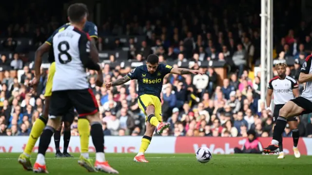 Bruno Guimaraes scores for Newcastle against Fulham in 2023