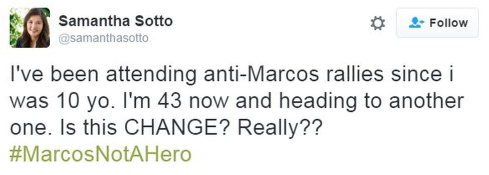 @samanthasotto tweets "I've been attending anti-Marcos rallies since i was 10 yo. I'm 43 now and heading to another one. Is this CHANGE? Really?? #MarcosNotAHero"