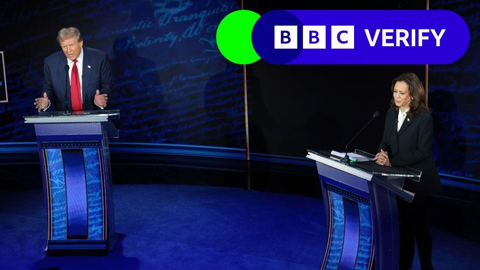 Kamala Harris and Donald Trump stand at their podiums during the ABC News presidential debate.