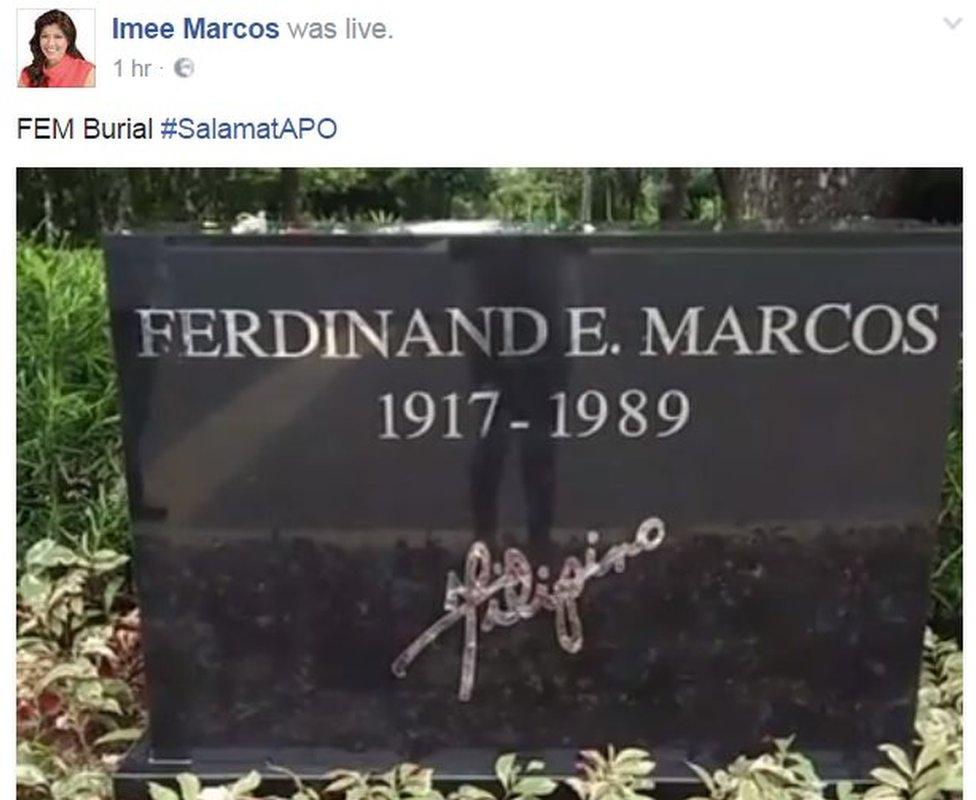 Screen grab from Imee Marcos' Facebook page, showing a live stream image of the late dictator's gravestone. 18 November 2016.