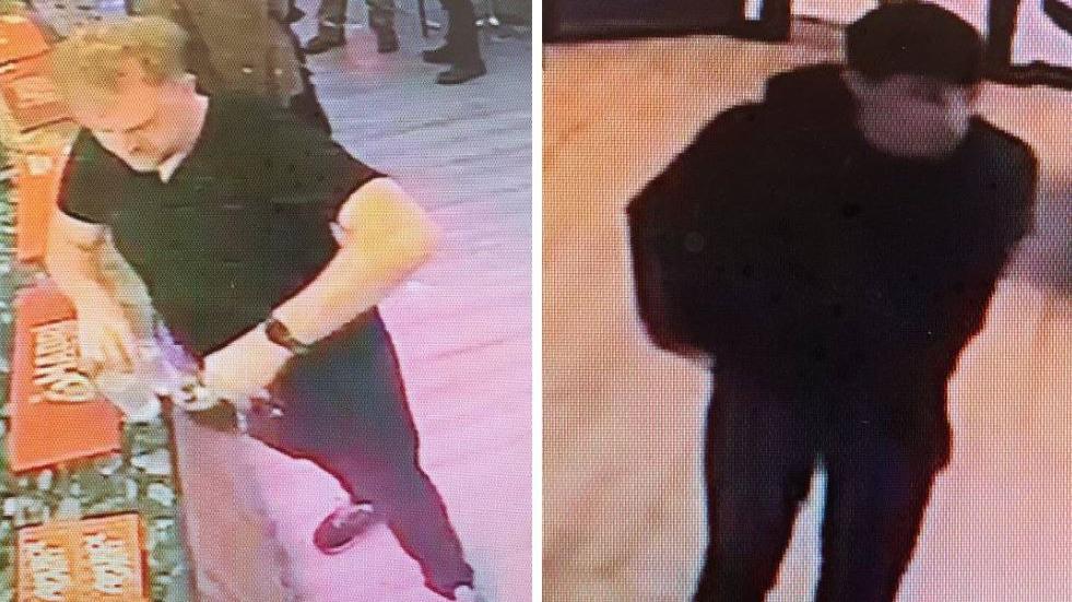 Two CCTV images of men police want to talk to about an alleged rape in Brighton. The man on the left has blond curly hair, is probably in his 20s or 30s and wearing a black t-shirt. The one on the right has dark straight hair, dressed all in black around the same age.