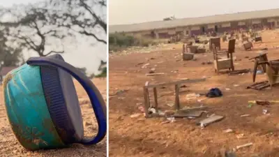 Chairs scattered on the floor in the right image, a cooler on the floor in the left image