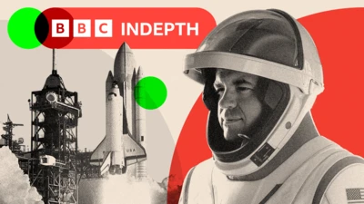 A collage image of a rocket ship launch on the right, and a close up a astronaut on the left wearing a helmet