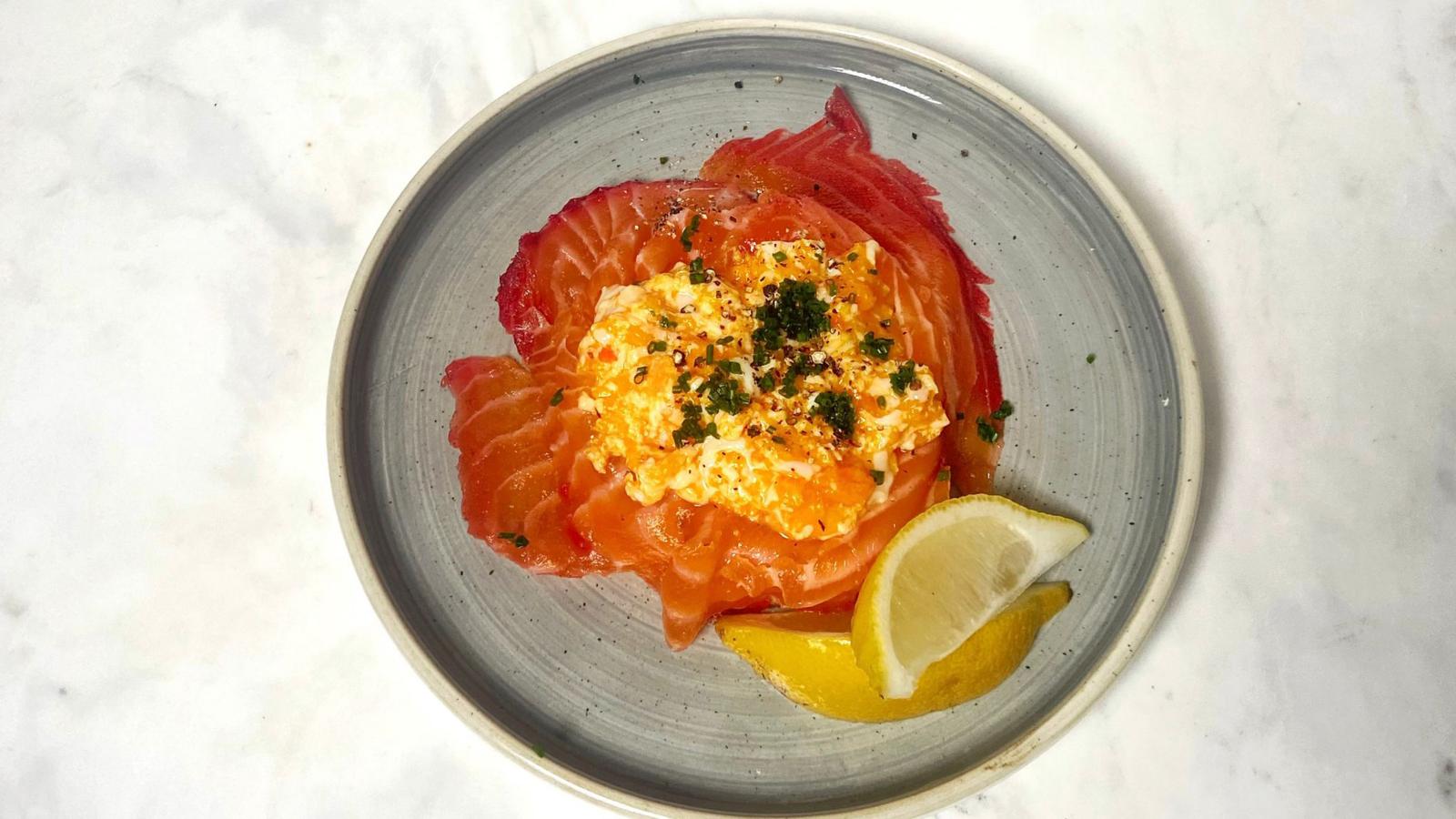 Beetroot-cured salmon and eggs