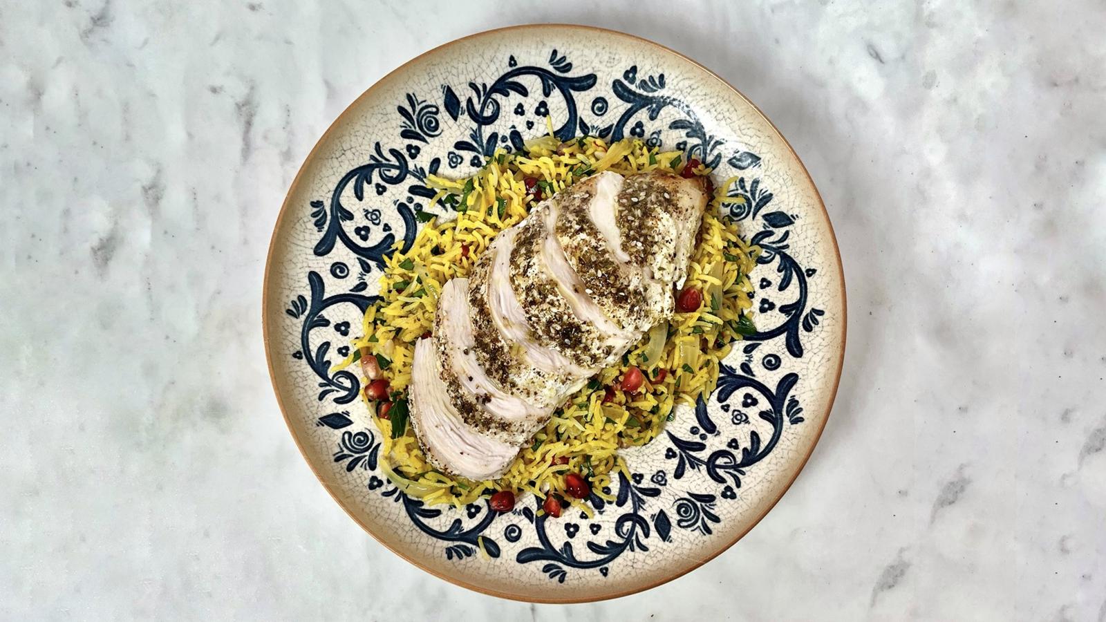 Pilaf with buttermilk chicken and pomegranate