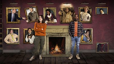 Charlotte Ritchie and Kiell Smith-Bynoe stand in front of a fireplace. Their Ghosts co-stars are pictured in frames on the wall.