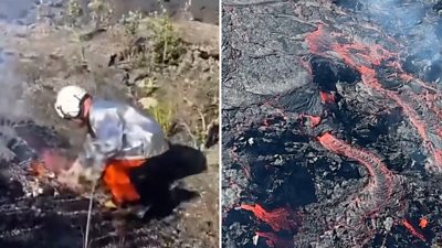 On the left, we have a scientist picking up lava with a shovel. On the right, we have lava flowing.