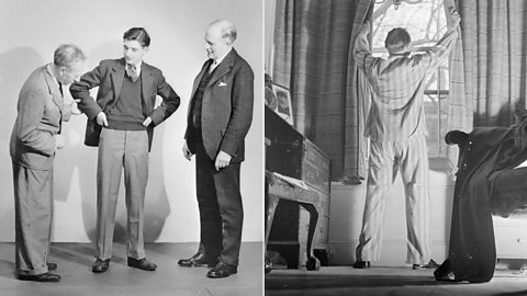 Left: A group of three men wearing casual grey suites. Right: A man wearing pyjamas looking out of his window. 