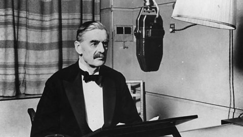 British Prime Minister Neville Chamberlain in a BBC studio, announcing the declaration of war