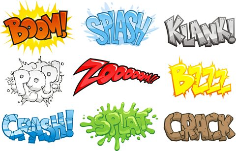 Different onomatopoeic phrases from a comic book