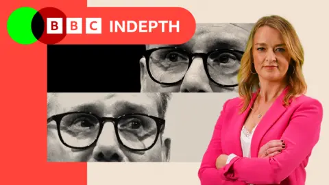 Two treated images each show half of Sir Keir Starmer's face, wearing glasses, with Laura Kuenssberg edited on the side