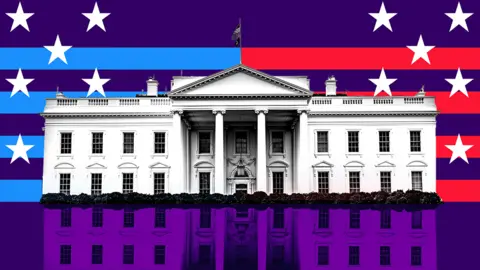 New US Election Unspun artwork with a graphic of the White House on a red and blue striped background and white stars