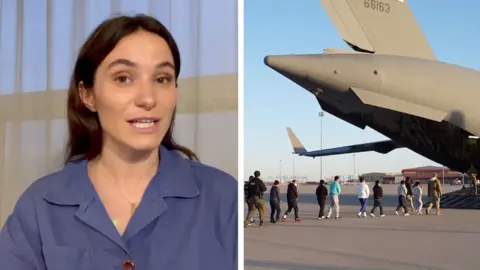 Split screen showing Ione Wells and row of men in handcuffs walking onto a military jet.