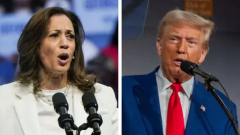 Split screen showing Kamala Harris and Donald Trump each behind separate microphones