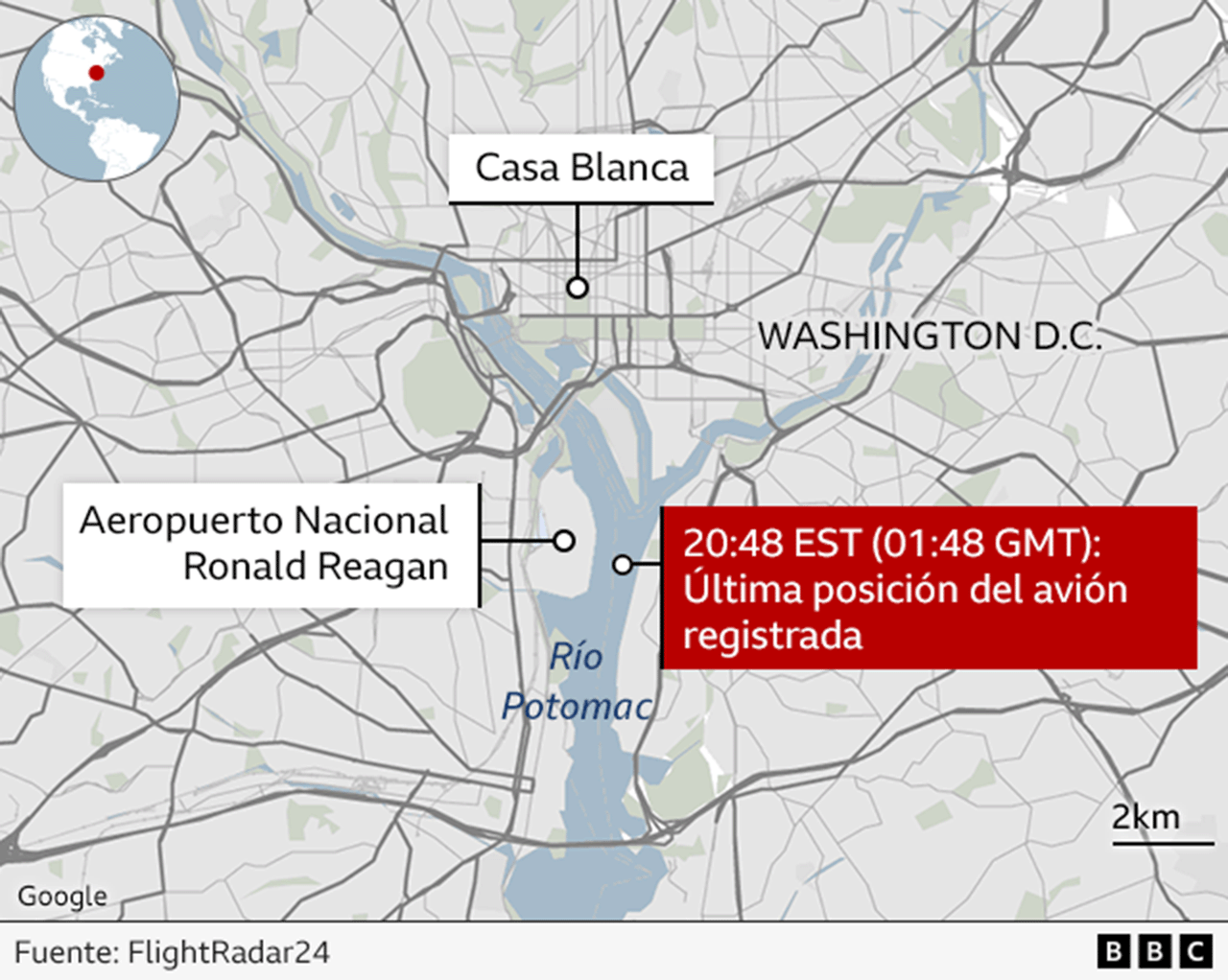 Mapa de la ubicación del choque entre el avión y el helicóptero en Washington D.C. Estados Unidos. 