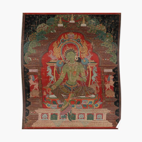 Green Tara (Khadiravani) is usually associated with protection from fear and the eight obscurations: pride, ignorance, hatred and anger, jealousy, bandits and thieves and so on. Poster