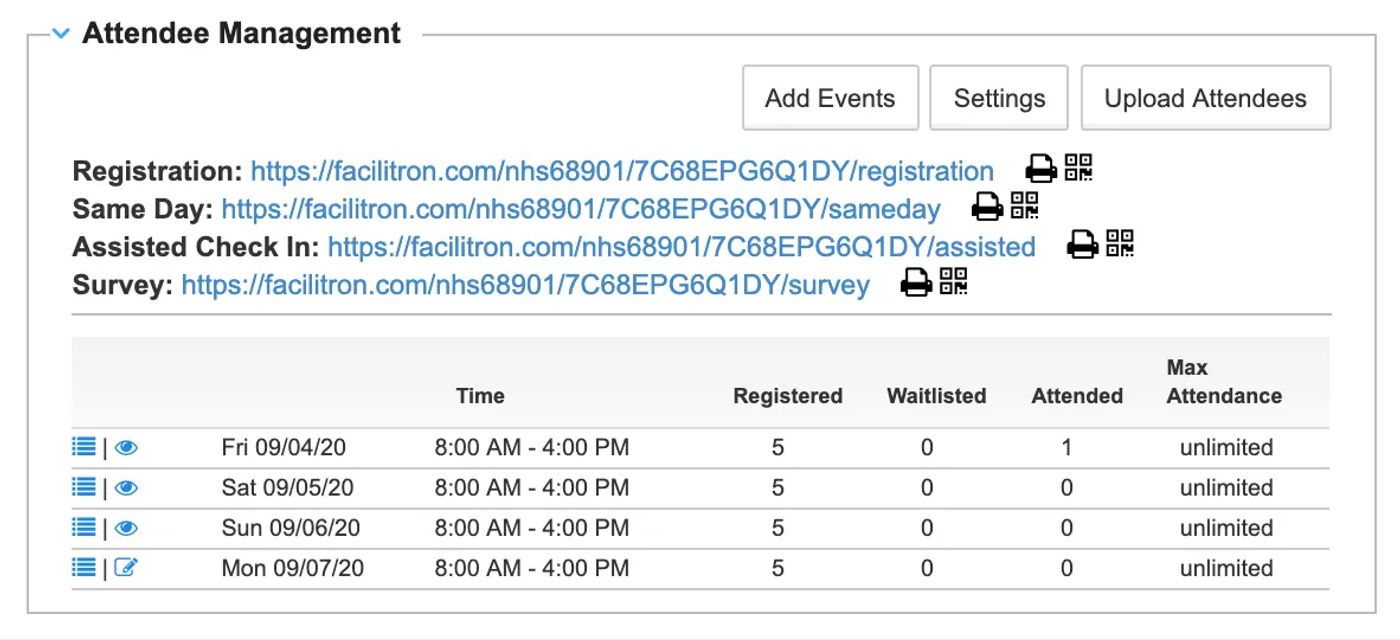 Facilitron Attendee Management widget view