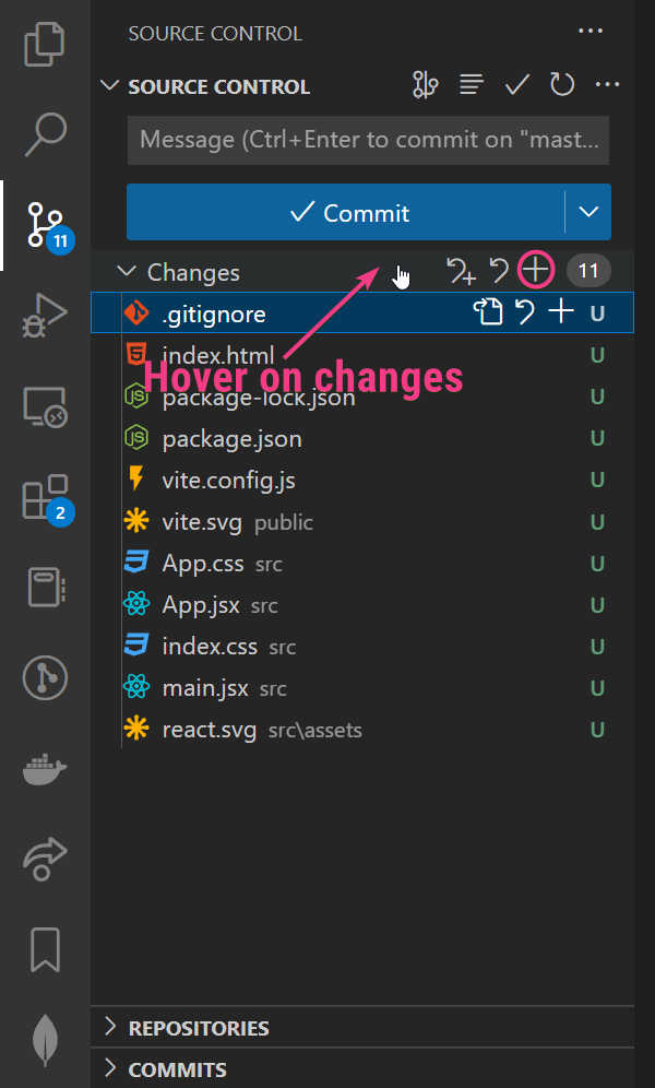 Hover on Changes & Click on the Plus button to stage all changes