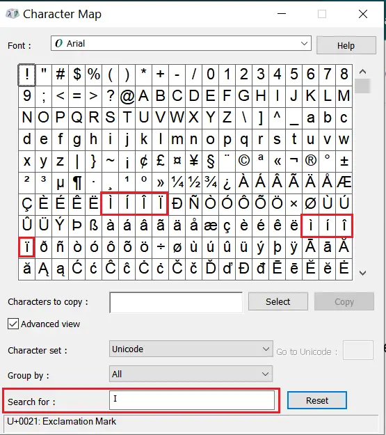 Type I with Accent Mark Í, Ì, Î, Ĩ, Ï or í, ì, î, ĩ, ï