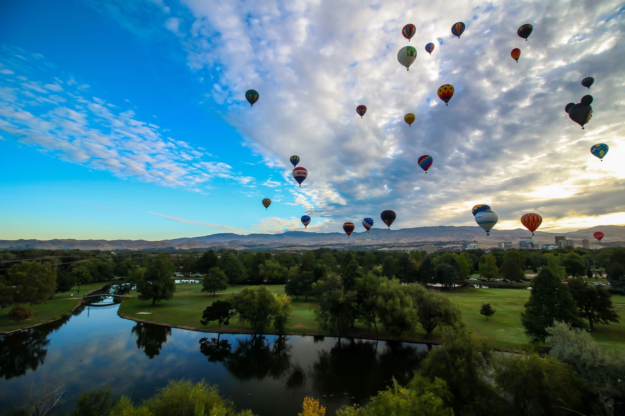 Hot air balloons flying over a field near The Grove Hotel