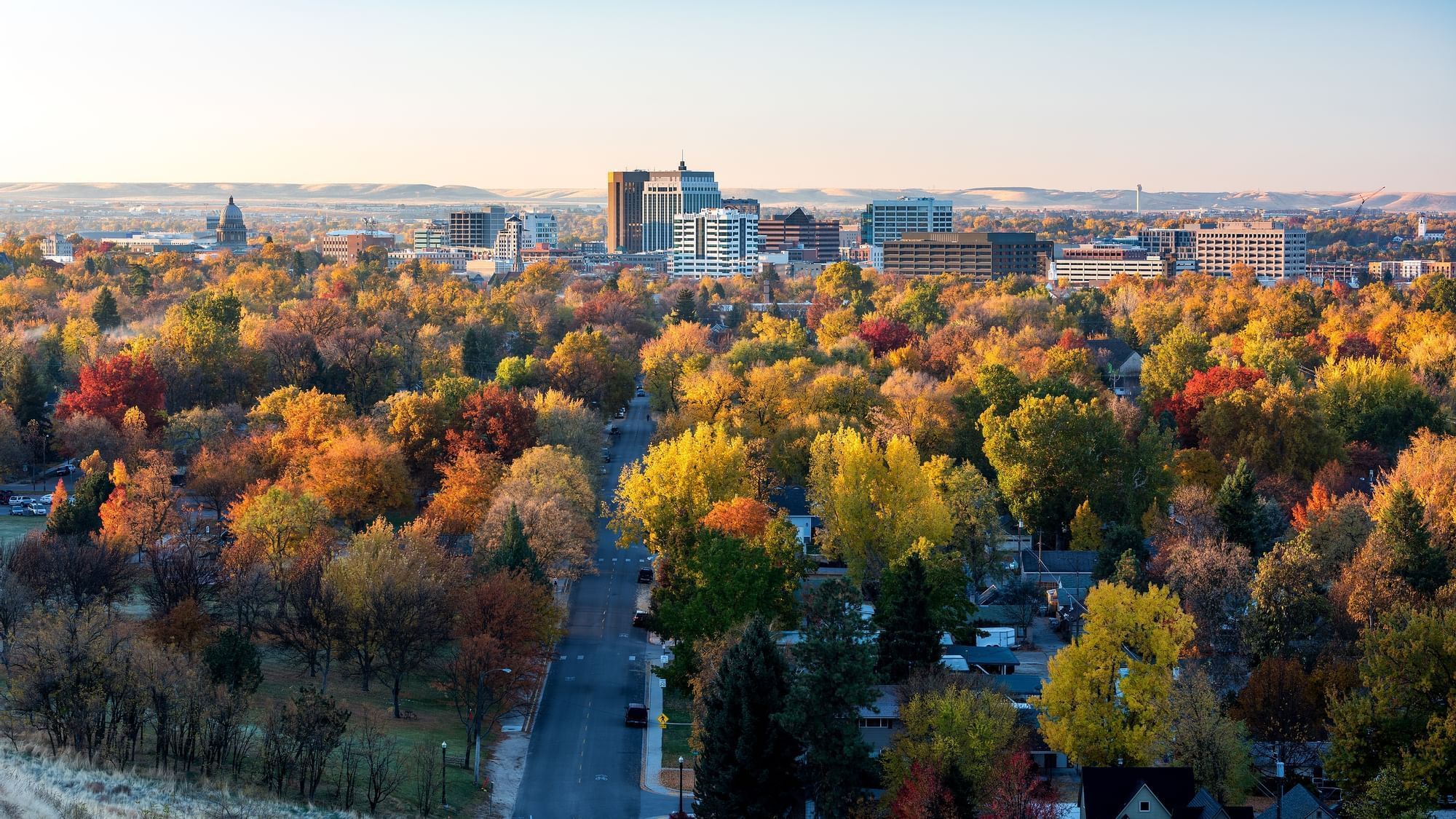 Sun kissed view of the city of Boise near The Grove Hotel