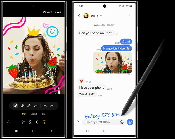 Two Galaxy S23 Ultra devices seen from the front. One shows a photo in edit mode with playful sketches drawn over the image. An S Pen is writing directly to the second device’s screen, which is open to a text message chat. The handwriting is automatically turned into text.