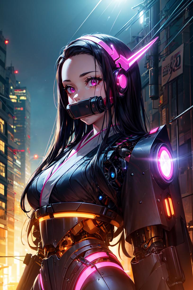 A woman in a futuristic outfit with pink lights on her head - SeaArt AI