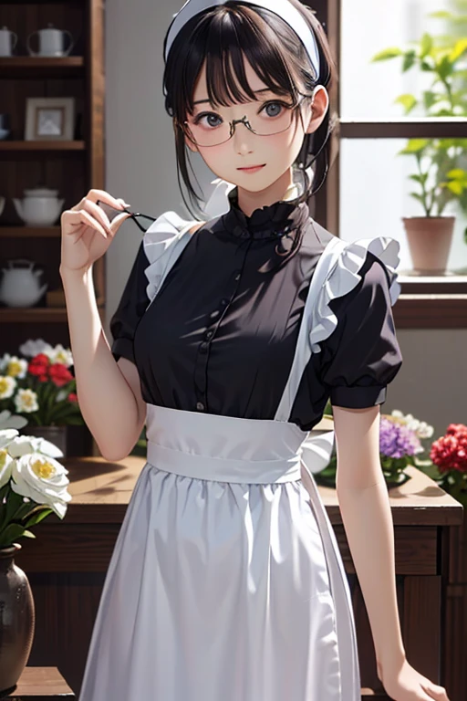 (( best quality )), ((傑 best quality 、masterpiece、High sensitivity、 high resolution、 detailed depiction 、 Delicate Face Description))Slender Woman、Glasses、Flower shop clerk、 apron、Bandana on head、