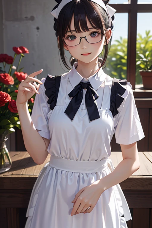 (( best quality )), ((傑 best quality 、masterpiece、High sensitivity、 high resolution、 detailed depiction 、 Delicate Face Description))Slender Woman、Glasses、Flower shop clerk、 apron、Bandana on head、