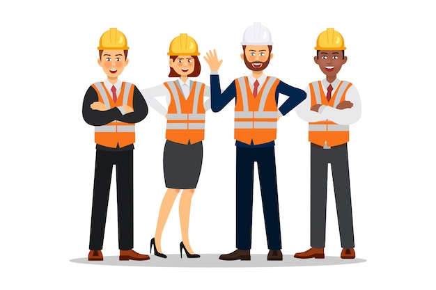 Premium Vector | Builders dressed in protective vests and helmets ...