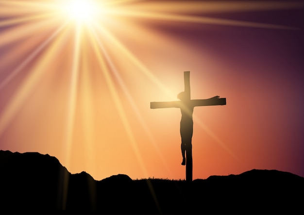 Silhouette of jesus on the cross against a sunset sky Free Vector