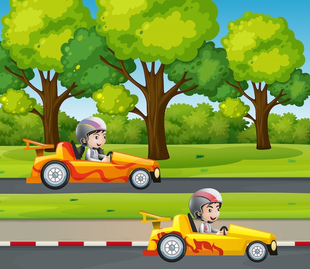 Premium Vector | Two racers racing car on the road