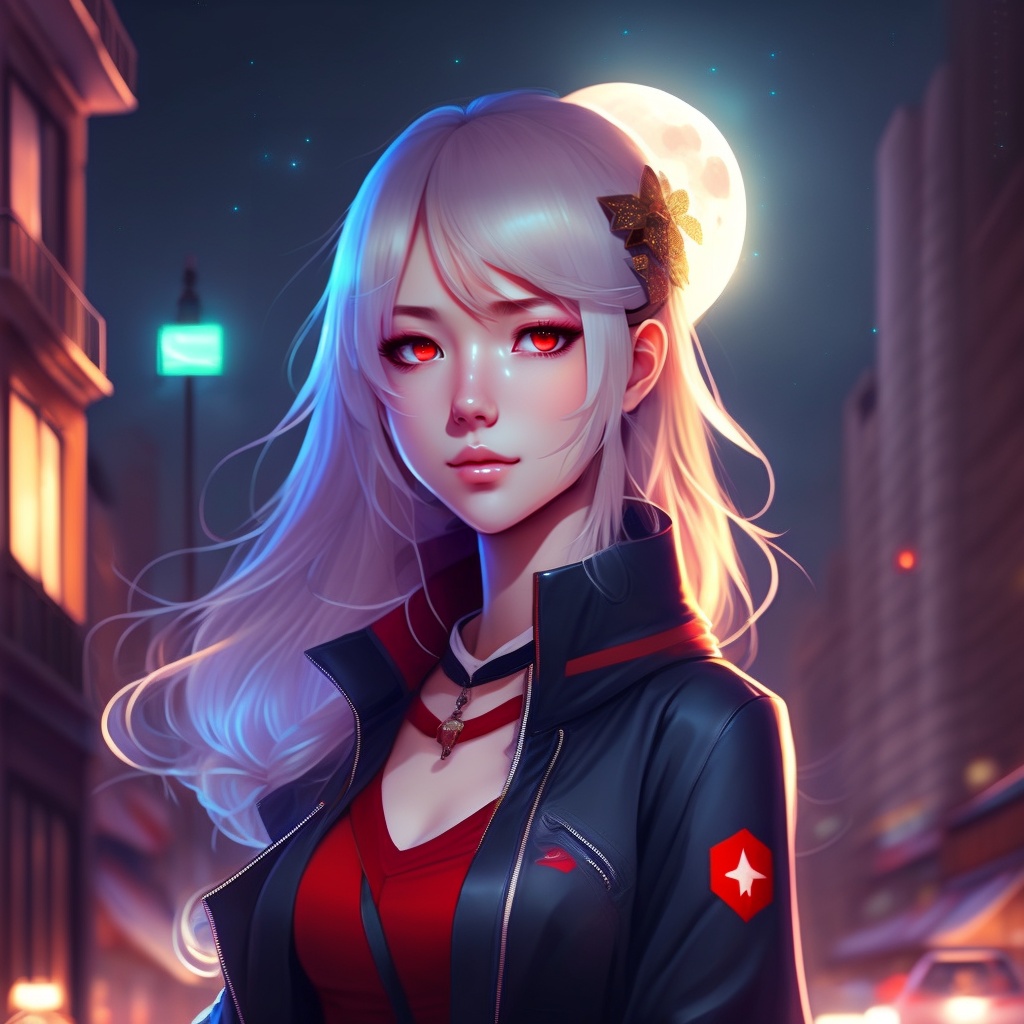 Lexica - Anime girl, blonde hair, red eyes, night tokyo with moon ...