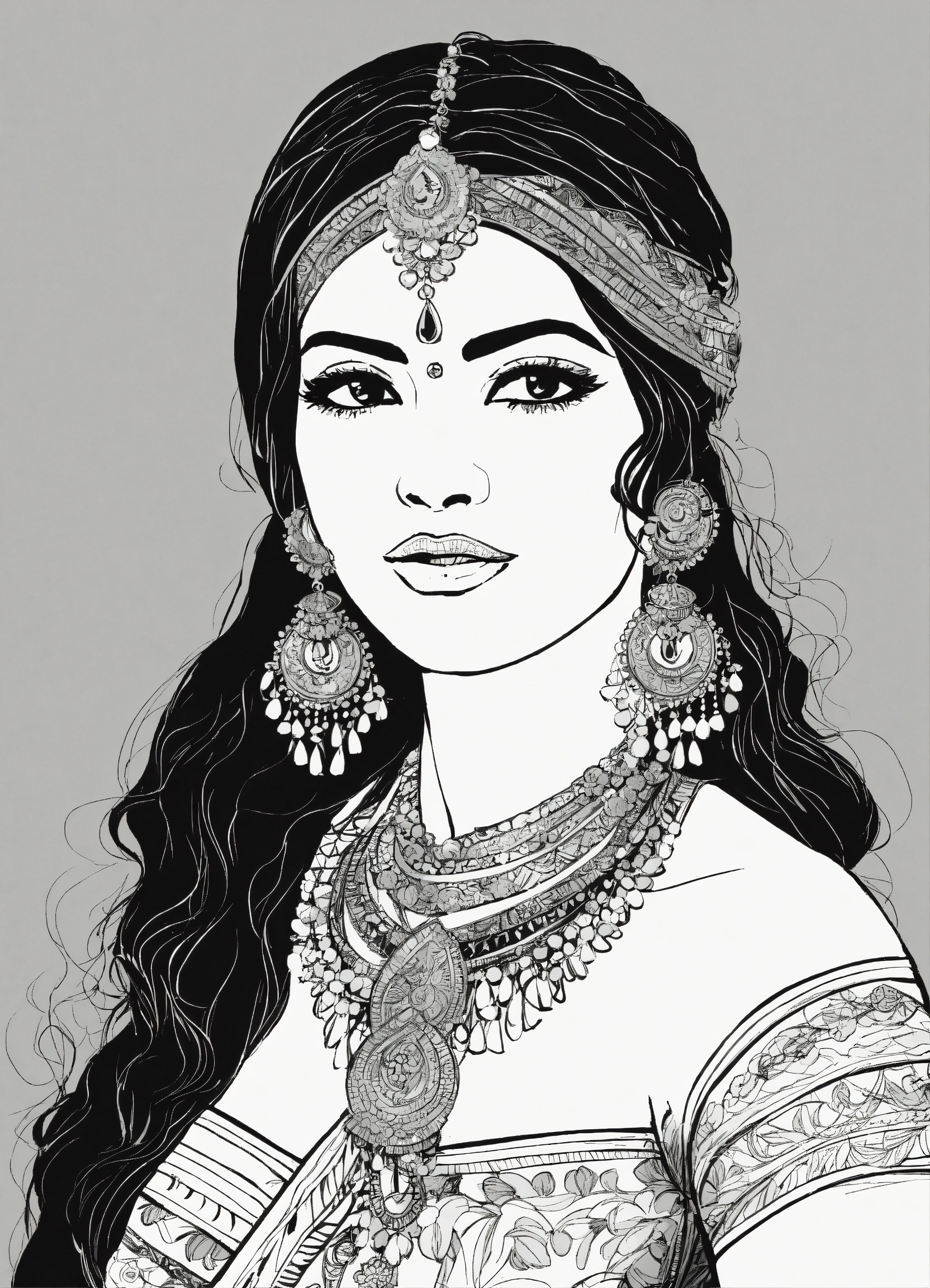 Lexica - Black and white line drawing of Indian woman, upper body ...