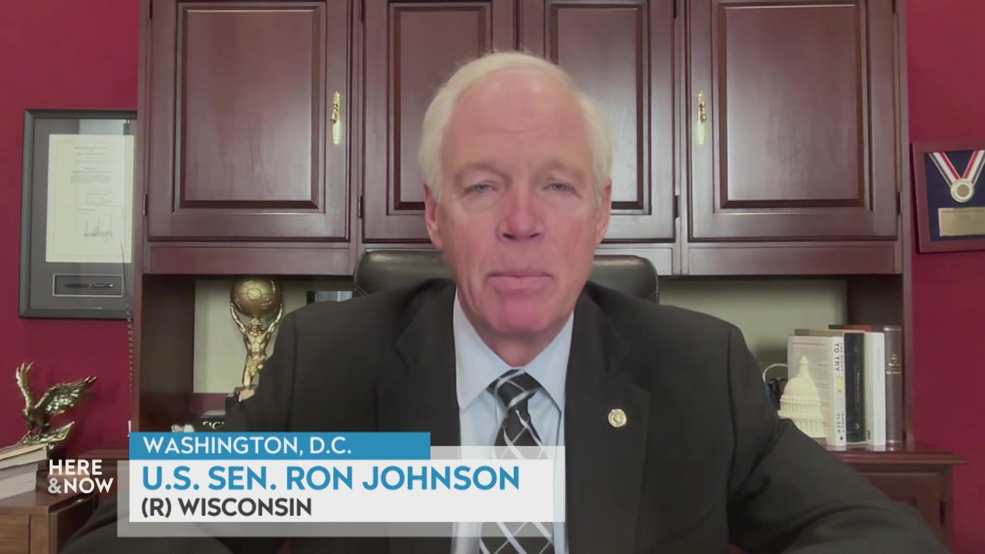 A still image shows U.S. Senator Ron Johnson seated in an office with a graphic at bottom reading 'U.S. Sen. Ron Johnson' and '(R) Wisconsin.'