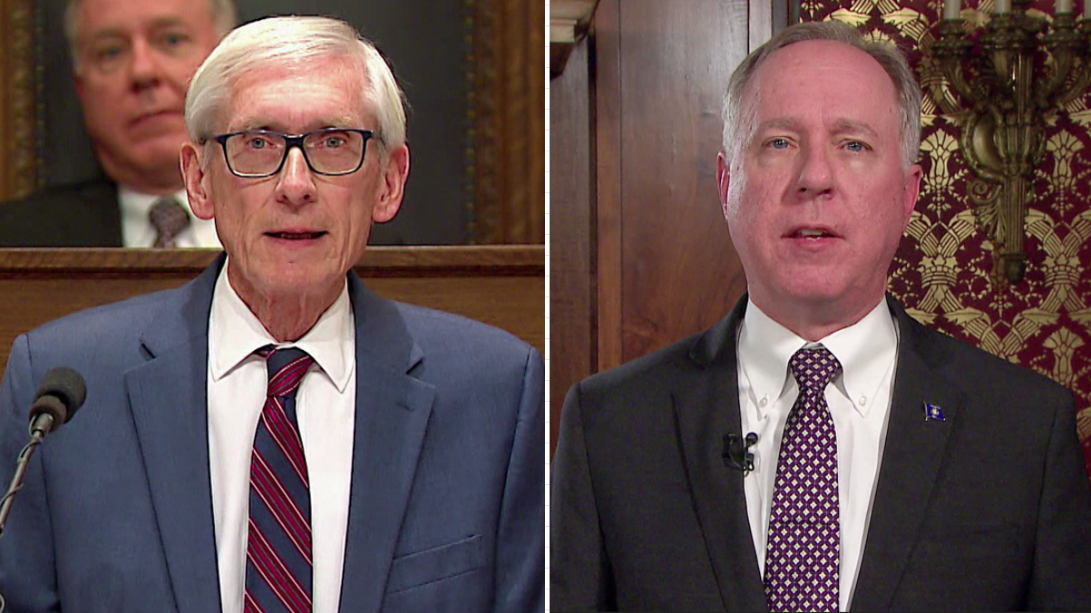 Side-by-side images show Tony Evers speaking with an out-of-focus Robin Vos seated in the background and Robin Vos speaking with toile wallpaper and brass light fixture in the background.